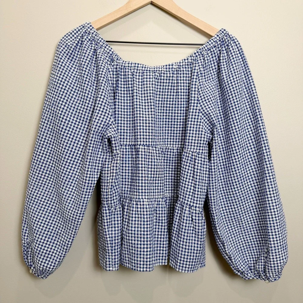 Old Navy M Tiered Blue Gingham Seersucker Long‎ Sleeve Top Puff Sleeve Wide Neck